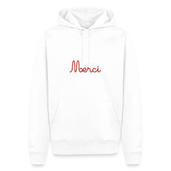 MERCI. THANKS. THANK YOU. ANNIVERSAIRE. NAISSANCE. - Sweat à capuche Premium bio Homme - blanc - Devant - Nico (187cm)