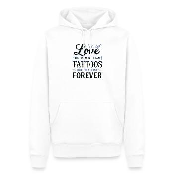 Love hurts more than tattoos – Tattoo & Spruch - Männer Premium Bio Hoodie - Weiß - Vorne - Nico (187cm)