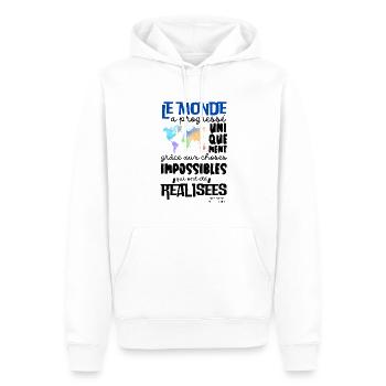 Citation Positive Le Monde a progressé - Sweat à capuche Premium bio Homme - blanc - Devant - Nico (187cm)