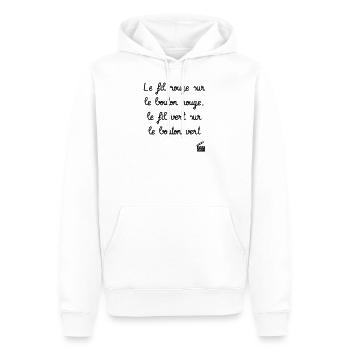 Le fil rouge sur le bouton rouge... 7ème Compagnie - Sweat à capuche Premium bio Homme - blanc - Devant - Nico (187cm)
