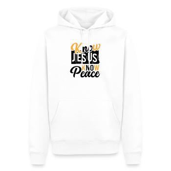 Know Jesus Know Peace – Frieden in Christus - Männer Premium Bio Hoodie - Weiß - Vorne - Nico (187cm)