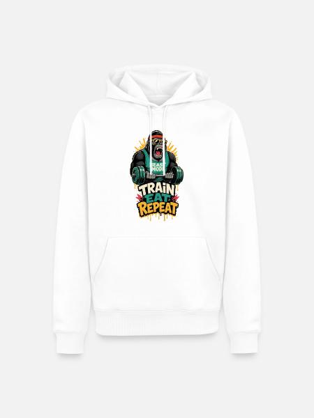 Fitness-Gorilla – Train Eat Repeat - Männer Premium Bio Hoodie - Weiß