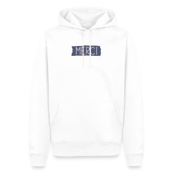 MERCI. THANKS. THANK YOU. ANNIVERSAIRE. NAISSANCE. - Sweat à capuche Premium bio Homme - blanc - Devant - Nico (187cm)