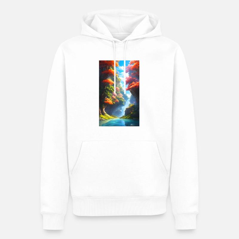 Üppiger & bunter Anime-Fluss mit Bäumen - Männer Premium Bio Hoodie - Weiß