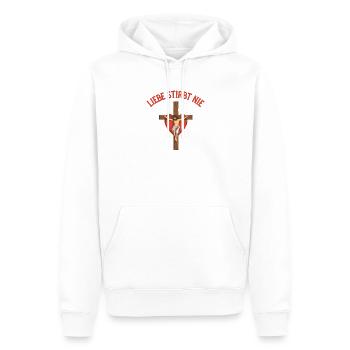 Liebe Stirbt Nie Kreuz Herz Jesus Gott  - Männer Premium Bio Hoodie - Weiß - Vorne - Nico (187cm)
