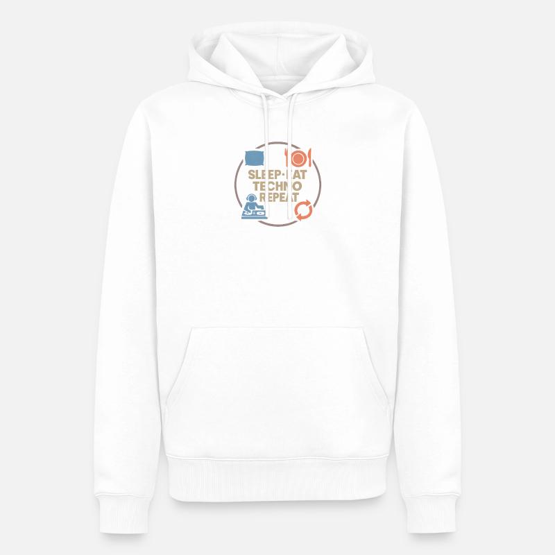 Humour techno – Sommeil · Manger · Techno · Répéter - Sweat à capuche Premium bio Homme - blanc