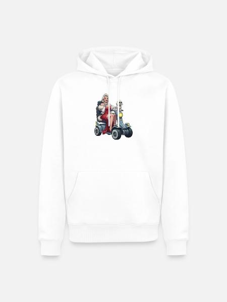 Pinup-Diva auf Mobilitätsroller und Hund - Männer Premium Bio Hoodie - Weiß
