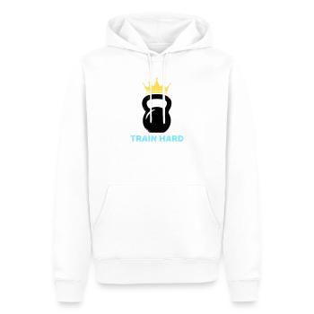 Kettlebell Crown Train Hard - Men’s Premium Organic Hoodie - white - Front - Nico (187cm)