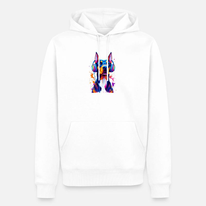 Dobermann mit Kopfhörern - Männer Premium Bio Hoodie - Weiß