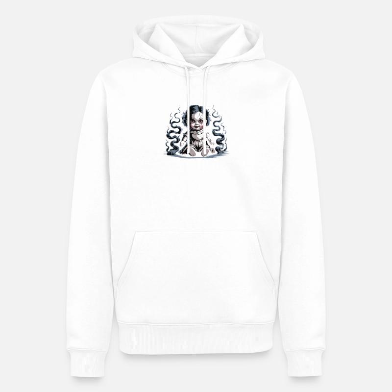 Poupée effrayante avec texte d’avertissement - Sweat à capuche Premium bio Homme - blanc