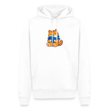Orangefarbene getigerte Katze umarmt ein Fischkissen - Männer Premium Bio Hoodie - Weiß - Vorne - Nico (187cm)
