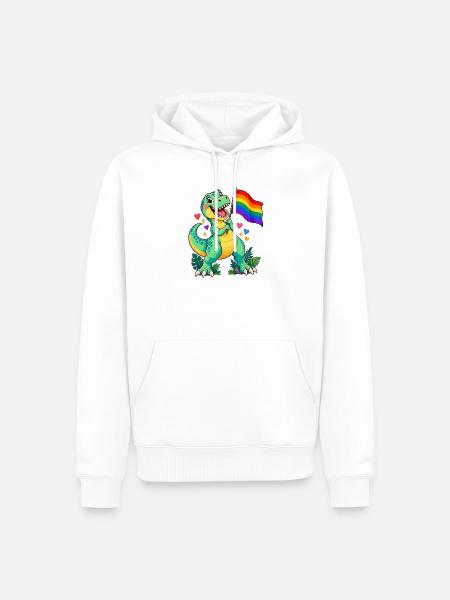 T-Rex mit Regenbogenflagge – Pride Dino - Männer Premium Bio Hoodie - Weiß