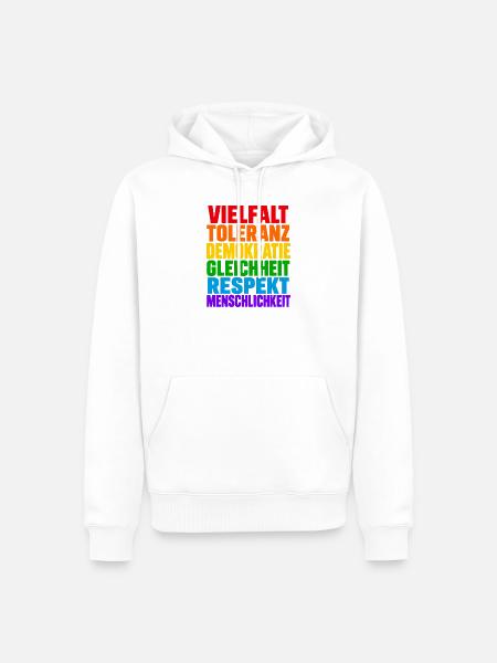Vielfalt Toleranz Demokratie – Regenbogen Spruch - Männer Premium Bio Hoodie - Weiß