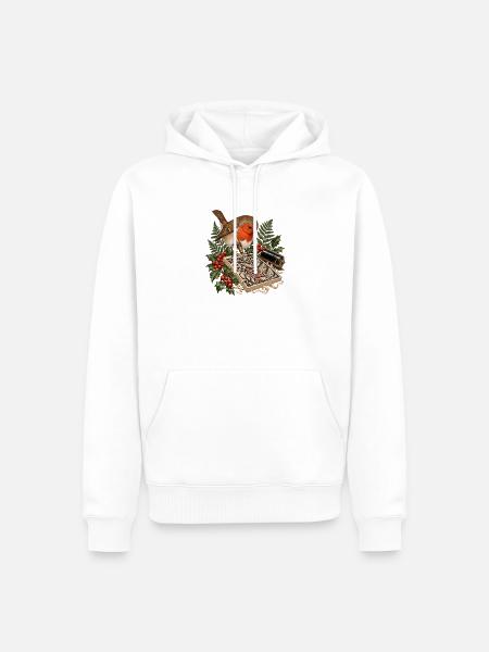 Rotkehlchen beim botanischen Linolschnitt - Männer Premium Bio Hoodie - Weiß