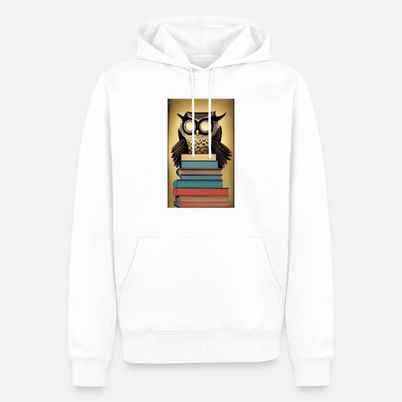 Comic Cartoon Süße Büchereule Eule Bücherstapel - Männer Premium Bio Hoodie - Weiß
