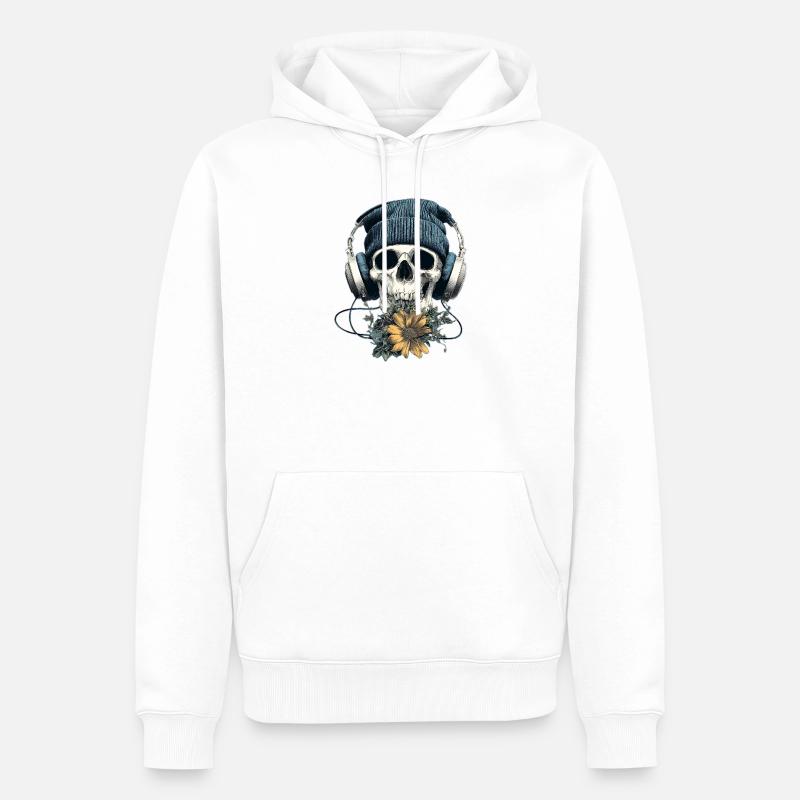 Schädel mit Kopfhörer und Blumen - Männer Premium Bio Hoodie - Weiß
