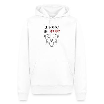 Phrase "sei glücklich, sei staffy" Merkmal – 114b - Männer Premium Bio Hoodie - Weiß - Vorne - Nico (187cm)