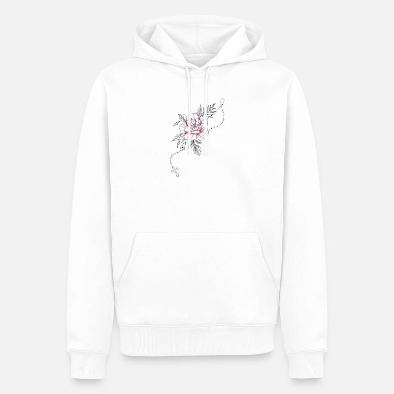 Dessin fleur rose chapelet croix et feuillage - Sweat à capuche Premium bio Homme - blanc
