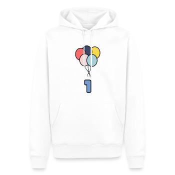 1. 1 AN. 1er ANNIVERSAIRE. ANNIVERSAIRE 1 AN - Sweat à capuche Premium bio Homme - blanc - Devant - Nico (187cm)