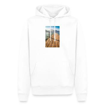 Holzsteg am Bergsee im Sonnenlicht - Männer Premium Bio Hoodie - Weiß - Vorne - Nico (187cm)
