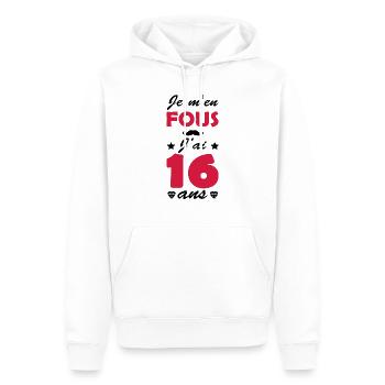 Je m'en fous j'ai 16 ans / Anniversaire 16 ans - Sweat à capuche Premium bio Homme - blanc - Devant - Nico (187cm)