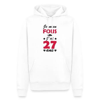 Je m'en fous j'ai 27 ans / humour anniversaire - Sweat à capuche Premium bio Homme - blanc - Devant - Nico (187cm)
