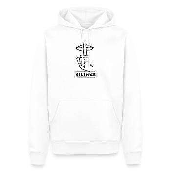 Hand with finger silence hand gesture 'SILENCE' - Men’s Premium Organic Hoodie - white - Front - Nico (187cm)