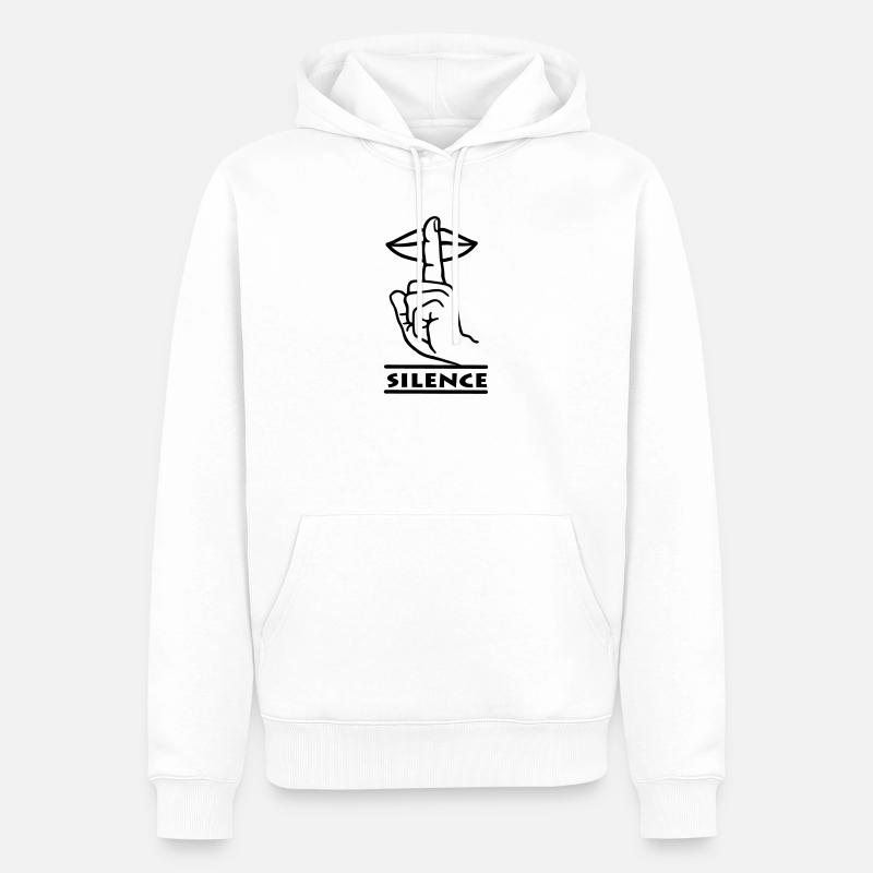 Hand mit Finger Stille Handgeste 'STILLE' - Männer Premium Bio Hoodie - Weiß