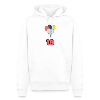 10. 10 YEARS. 10th ANNIVERSARY. 10 YEAR ANNIVERSARY. - Men’s Premium Organic Hoodie - white - Front - Nico (187cm)