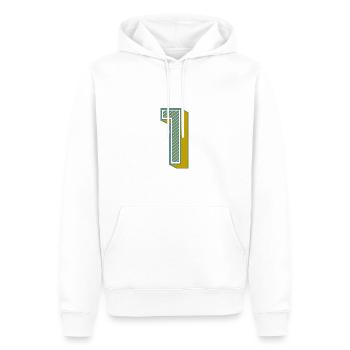 1. 1 AN. 1er ANNIVERSAIRE. ANNIVERSAIRE 1 AN - Sweat à capuche Premium bio Homme - blanc - Devant - Nico (187cm)