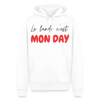 Le lundi c'est MON DAY - jeu de mot Franglais - Sweat à capuche Premium bio Homme - blanc - Devant - Nico (187cm)