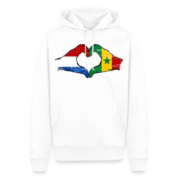 Drapeau Hollande Sénégal mains en forme de cœur utilisé - Sweat à capuche Premium bio Homme - blanc - Devant - Nico (187cm)