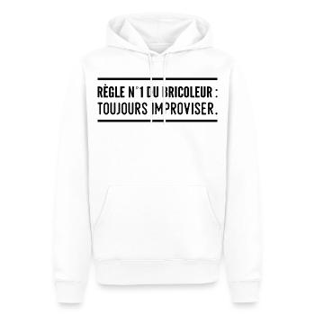 Règle n°1 du bricoleur : toujours improviser - Sweat à capuche Premium bio Homme - blanc - Devant - Nico (187cm)