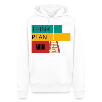 DENK NACH · PLAN · WIN – Motivations-T-Shirt - Männer Premium Bio Hoodie - Weiß - Vorne - Nico (187cm)