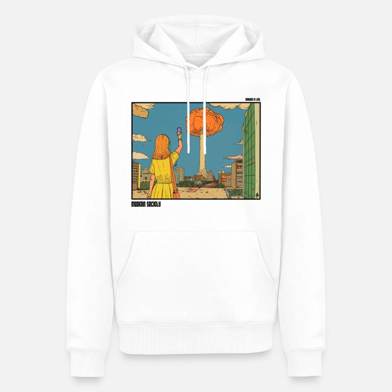 Selfie devant un Nuclear Puff - Sweat à capuche Premium bio Homme - blanc