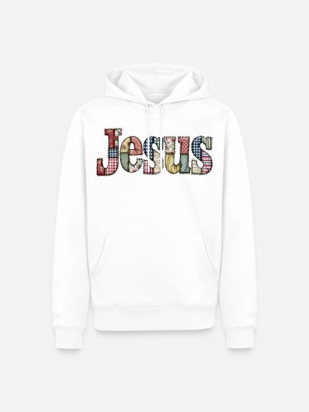 Patchwork Jesus Lettering - Men’s Premium Organic Hoodie - white