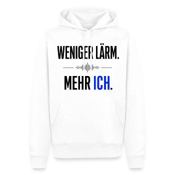 Weniger Lärm - mehr Ich  Statment  - Männer Premium Bio Hoodie - Weiß - Vorne - Nico (187cm)