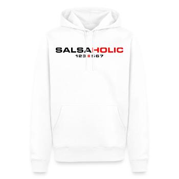 SALSAHOLIC 123-567 – Tanzshirt für Salsa Fans - Männer Premium Bio Hoodie - Weiß - Vorne - Nico (187cm)