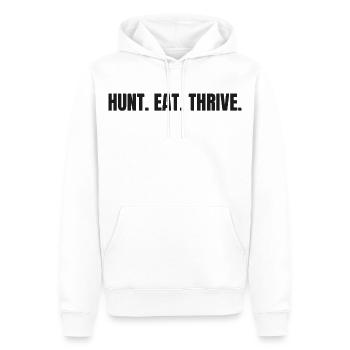 HUNT. EAT. THRIVE. | Carnivore T-Shirt für Jäger - Männer Premium Bio Hoodie - Weiß - Vorne - Nico (187cm)