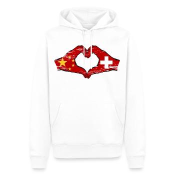 Chine Suisse Drapeau Mains Coeur Forme Utilisé - Sweat à capuche Premium bio Homme - blanc - Devant - Nico (187cm)