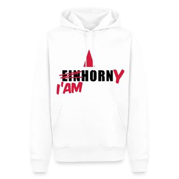 Einhorn T-Shirt - I'am Horny - Mallorca T-Shirts - Männer Premium Bio Hoodie - Weiß - Vorne - Nico (187cm)