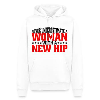 Ne sous-estimez jamais une femme avec une nouvelle hanche 10 - Sweat à capuche Premium bio Homme - blanc - Devant - Nico (187cm)