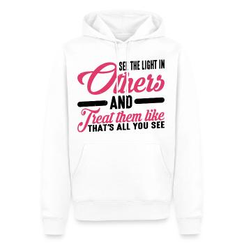 Voir la lumière chez les autres 3 - Sweat à capuche Premium bio Homme - blanc - Devant - Nico (187cm)