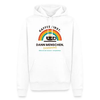 Kaffee zuerst ... ab 2. Tasse erst ansprechen - Männer Premium Bio Hoodie - Weiß - Vorne - Nico (187cm)