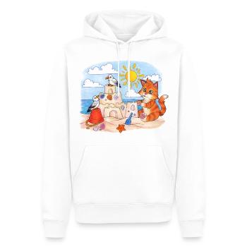 Niedliche Katze am Strand mit Sandburg Sommer - Männer Premium Bio Hoodie - Weiß - Vorne - Nico (187cm)
