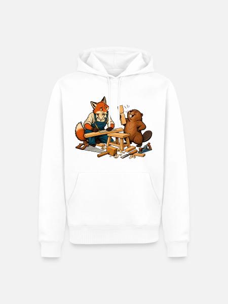 Fuchs und Biber beim Heimwerken – Handwerkerduo - Männer Premium Bio Hoodie - Weiß