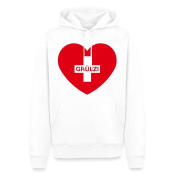 Grüezi (Herz / Schweizerkreuz / Schweiz / 1C) - Männer Premium Bio Hoodie - Weiß - Vorne - Nico (187cm)