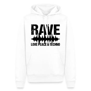 Rave Love Peace Techno Musique - Sweat à capuche Premium bio Homme - blanc - Devant - Nico (187cm)