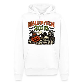Halloween 2026 Kürbis und Skelette - Männer Premium Bio Hoodie - Weiß - Vorne - Nico (187cm)
