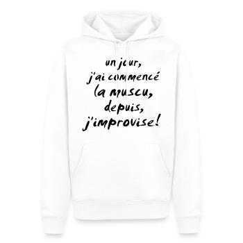 la muscu,depuis s'improvise modèle homme - Sweat à capuche Premium bio Homme - blanc - Devant - Nico (187cm)